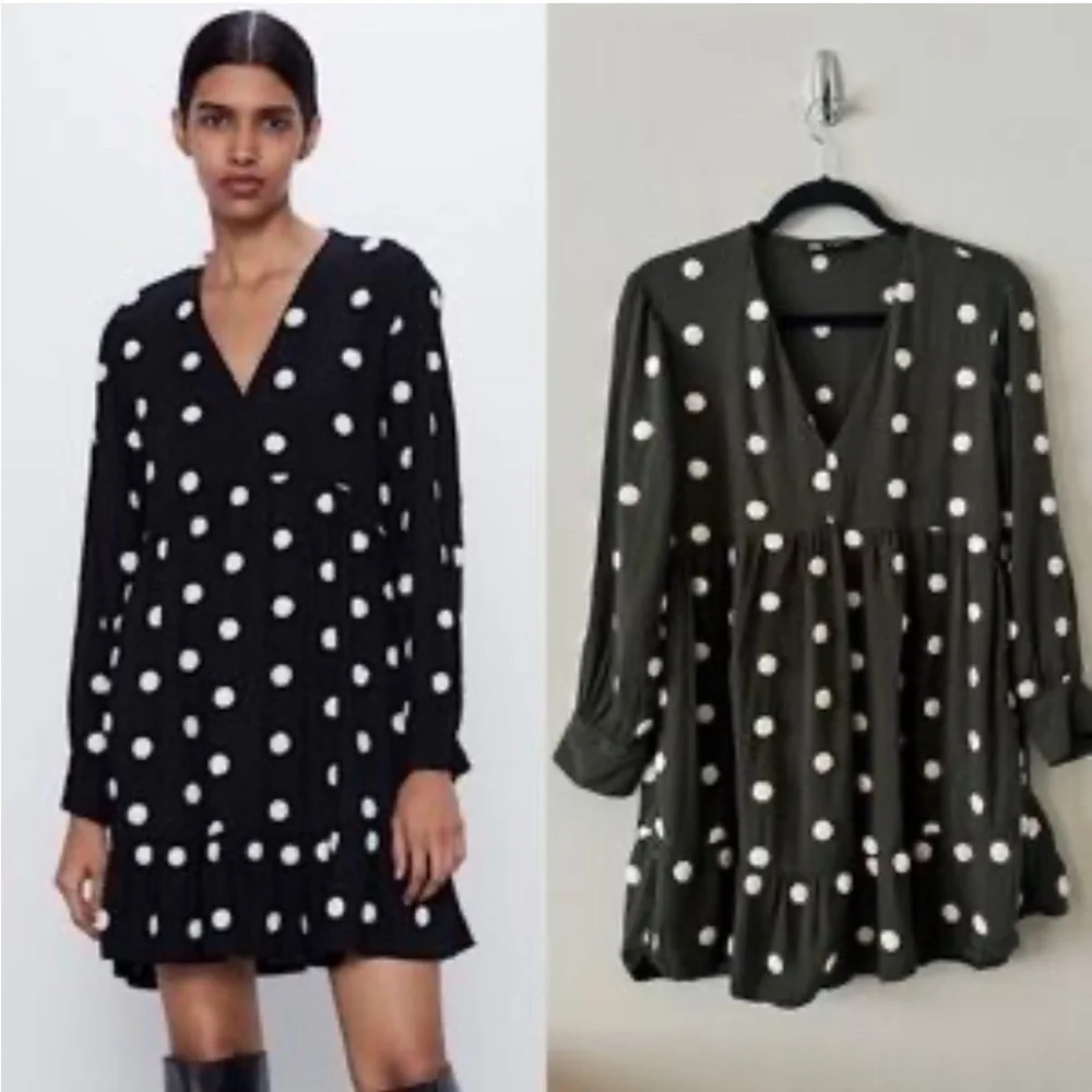 Zara Black Polka Dot Mini V-neck Long Sleeve Dress Size M Trendy Minimalist - Picture 1 of 6